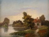 an oil painting of a house by a river with a boat in the water