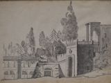 dessin représentant un château avec une tour et un pont