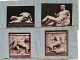 three black and white photographs of a statue of a man and a horse