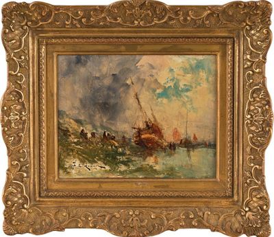 un tableau représentant un bateau sur un plan d'eau, avec le ciel en arrière-plan