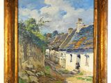 an oil painting of a village scene with a woman walking down the road