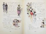 an open book with a drawing of a woman in a dress and a man in a tuxedo and a man in a tuxedo