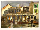 a watercolor painting of a building with a boat in front of it