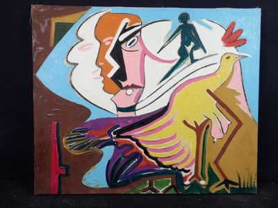 un tableau représentant un homme avec un oiseau sur l'épaule
