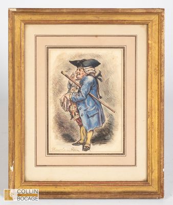 un tableau représentant un homme en manteau bleu tenant un bâton