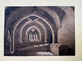 a picture of a drawing of a church with a man standing in the doorway