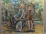 painting of a woman pushing a child in a stroller in a park