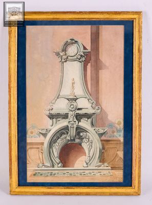 tableau encadré représentant une cheminée sur laquelle est posée une horloge