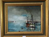 une peinture à l'huile représentant des bateaux dans un port par temps nuageux