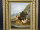 une peinture à l'huile représentant des poulets devant une grange