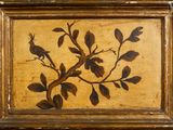 painting of a bird on a tree branch with leaves in a wooden frame