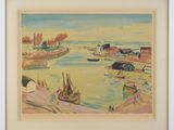 an image of a painting of a harbor scene with boats in the water
