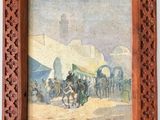 an old picture of a painting of a horse drawn carriage