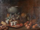 une peinture représentant une nature morte avec du pain, des fruits et une théière