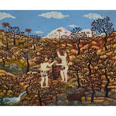 a painting of a man and a woman in a field with animals