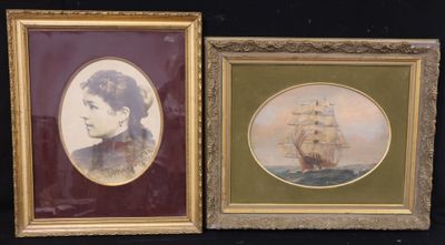 two framed pictures of a man and a woman with a sailboat