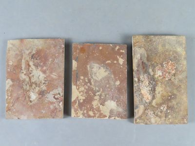 trois morceaux d'argile rouge posés sur une surface bleue