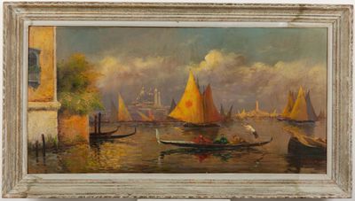an oil painting of boats in a harbor with a building in the background