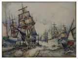 une image représentant une peinture d'une scène portuaire avec des bateaux sur l'eau