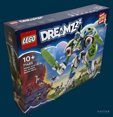 a box of legos with a picture of a green and white robot