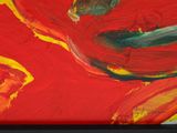 abstract painting of a red and yellow flower with a green stem