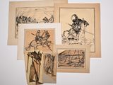 several drawings of people and animals are displayed on a wall