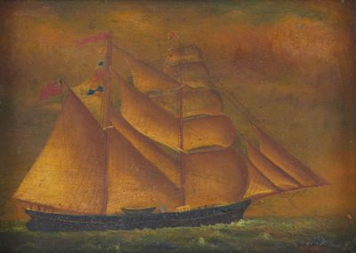 une vieille peinture représentant un voilier en mer, arborant un drapeau