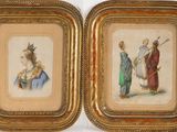 two framed pictures of a couple of people with hats on
