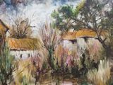 painting of a painting of a farm with a pond in the foreground and a house in the background