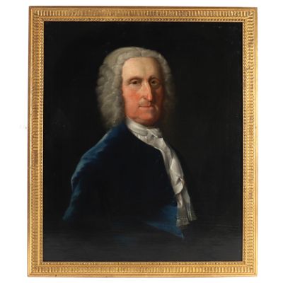 un tableau représentant un homme vêtu d'un manteau bleu et aux cheveux blancs