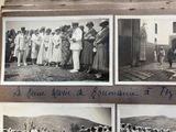 several black and white photos of a group of people standing in front of a building