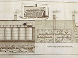 a drawing of a building with a clock on top of it