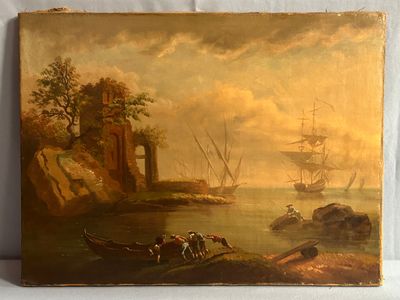 tableau représentant un bateau sur un plan d'eau, avec un château en arrière-plan