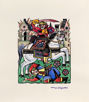 tableau représentant un homme à cheval, avec un château en arrière-plan