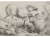 drawing of sheep and lambs in a landscape by a stream
