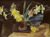 un tableau représentant des fleurs jaunes dans un vase posé sur une table