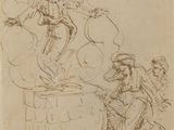 une image représentant un dessin d'un ange et d'un homme assis sur un banc
