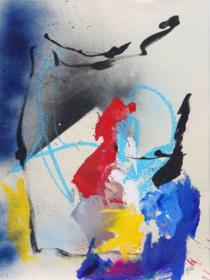 an image of a painting with blue, red, yellow, and white colors