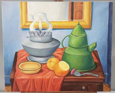 École XXème. "nature morte à la cafetière et à la lampe à pé…