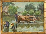 an oil painting of two men working in a river with a cow