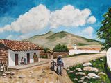 un tableau représentant un homme à moto sur un chemin de terre
