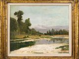 a painting of a river with trees in the background