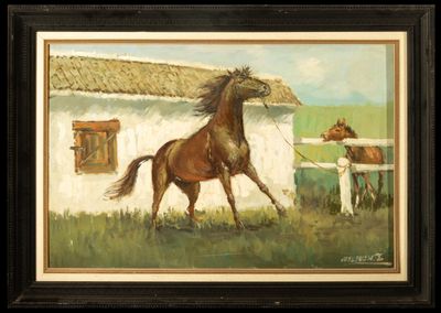 tableau représentant un cheval au galop devant une grange, avec un autre cheval à l'arrière-plan