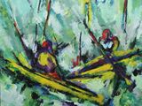 abstract painting of two people in a canoe on a lake