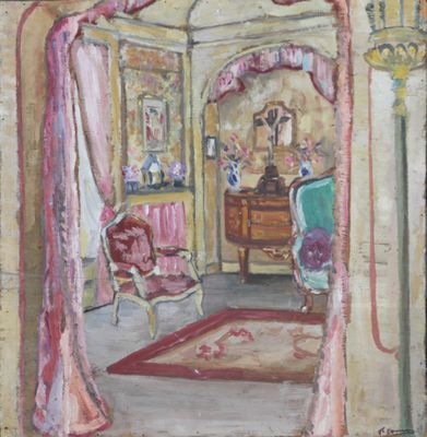 an oil painting of a room with a chair and a table