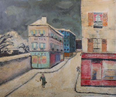 painting of a man walking down a street in front of a building