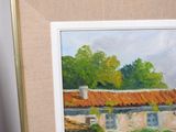 a picture of a painting of a house with a red roof