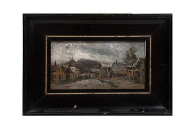 une peinture à l'huile d'une scène de ferme avec une voiture à cheval