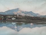 a picture of a painting of a mountain in the background