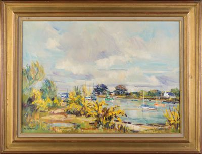 an oil painting of a river scene with boats in the water